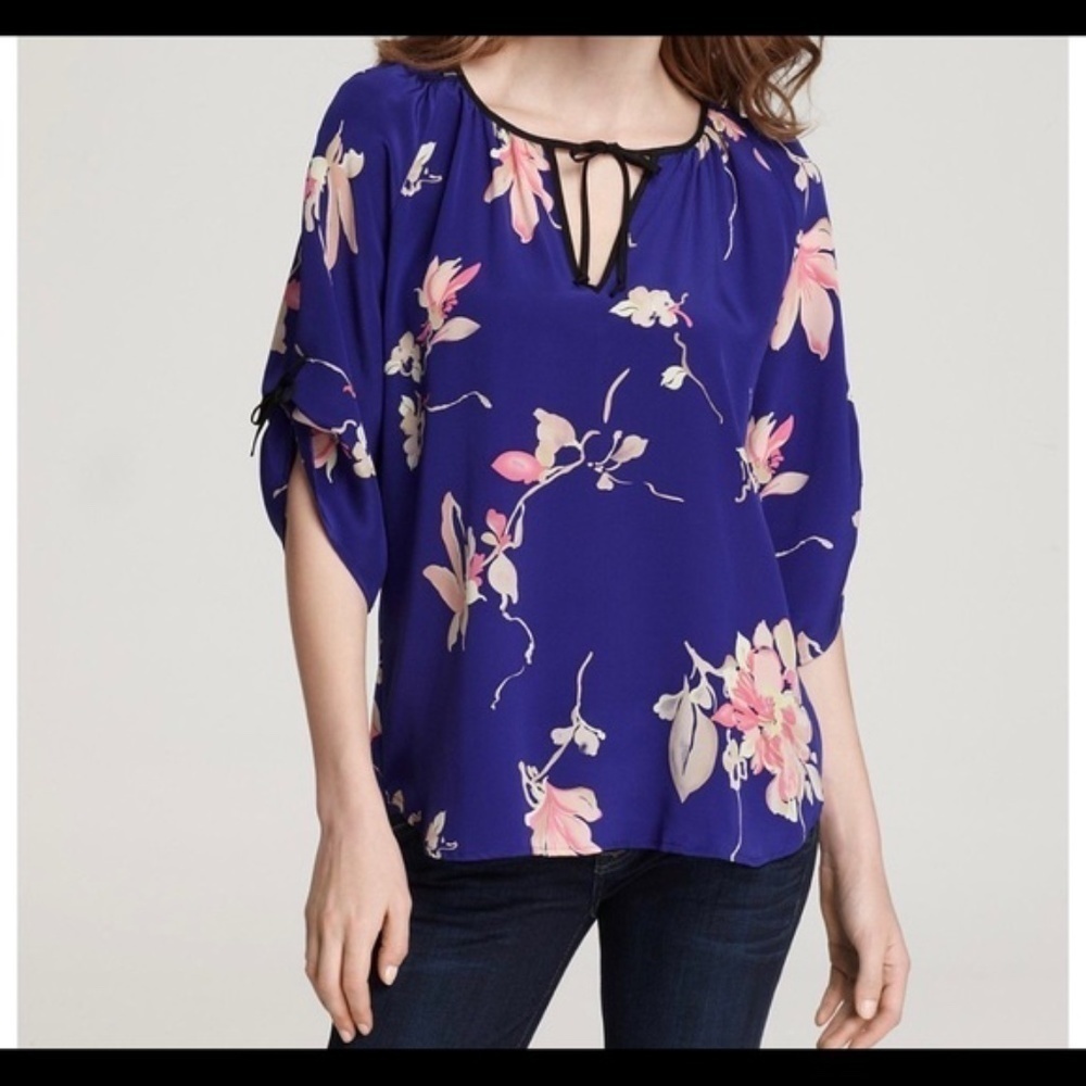YUMI KIM Purple Floral 100% Silk Tie Sleeve Top Sm